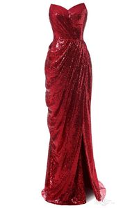 2020 Parlak Kırmızı Payetler Kadınlar Abiye Denizkızı Uzun Straplez Yan Yarık Örgün Önlükler Plise Balo Parti Elbiseler Özel Vestido Festa Longo