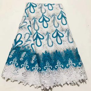 5Yards/pc Nice looking white african milk silk fabric with rhinestone and teal embroidery french mesh lace for dress LS11-1