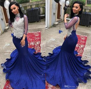 African Royal Blue Black Girls Mermaid Prom Dresses Beaded Lace Velvet Sexy Evening Gowns Long Sleeve Prom Dress vestidos de fiesta