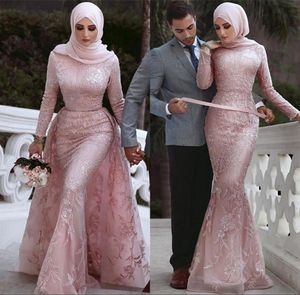 Vestido De Boda De La Camisa De Tul Desmontable al por mayor-Dubai Vestidos de novia de manga larga vestidos de apliques de lentejuelas rosa polvorienta de la vendimia del cordón de la sirena de boda musulmana árabe con BC1053 tren desmontable