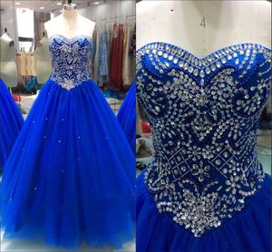 Royal Blue Rhinestone Crystal Beaded Dresses Quinceanera Prom Klänning 2020 Strapless Corset Back Tulle Sweet 16 Dress Party Evening Vestidos