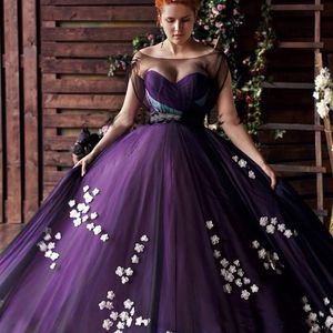 Purple Plus Size Prom Dresses 2019 Sheer Bateau Neck Lace Floral Sweep Train Applique Arabic Occasion Evening Gowns Party Dresses