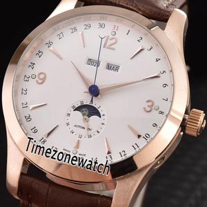 New Master Calendar 1552520 Q1552520 Automatic Moon Phase Mens Watch Rose Gold Silver Dial Perpetual Calendar Leather Timezonewatch JE13b2.