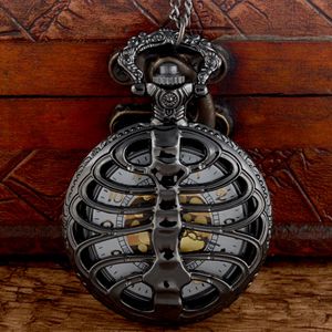 New Fashion Black Steampunk Spine Ribs Hollow Quartz Pocket Watch Chains Vintage Men Women Skull Pendant Necklace Clock Gift