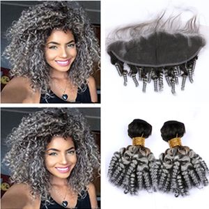 #1B/Grey Ombre Brazilian Human Hair Aunty Funmi 2Bundles and Frontal 3Pcs Lot Sprial Curly Ombre Silver Grey 13x4 Lace Frontal with Weaves