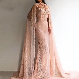 2020 Eleganta sjöjungfru aftonklänningar med Cape paljett Sweetheart Beading Flowers Pink 2020 Prom Dresses Long Arabic Formal Bowns