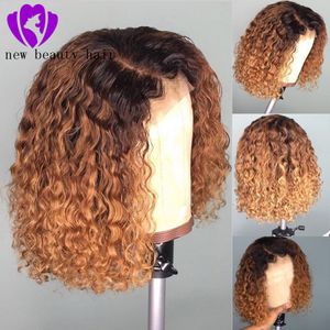 Hand Tied short curly Ombre Brown Hair brazilian Hair short bob Wigs cosplay Synthetic Lace Front Wigs for African Women