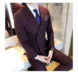 New Style Side Vent Double Breasted Burgundy Wedding Groom Tuxedos Peak Lapel Groomsmen Men Suits Prom Blazer (Jacket+Pants+Tie) NO:2025