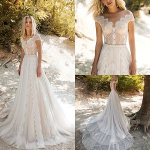 Bohemian Beach Vintage Dresses V Neck Short Sleeve Lace Appliques Bridal Gowns A Line Pearls Wedding Dress Robe De Mariee