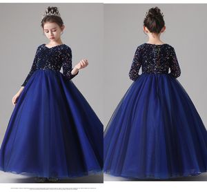 Bling Sequins Satin Girls Pageant Dresses Long Sleeve V-neck Zipper Tulle Princess Birthday Party Dress Baby Girls Flower Girl Dress Bridal