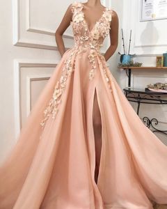 Peach Prom Long V-neck Appliques with Flowers Handmade High Side Split Tulle Formal Evening Gowns Girl Party Dress Graduations