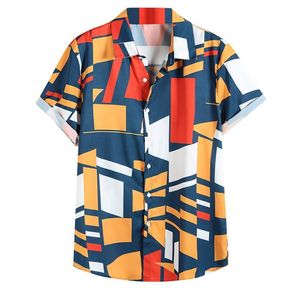 Mens Contrast Color Geometric Printed Shirt Turn Down Collar Short Sleeve Loose Men Shirts Colorful Color Block Mens Shirt #38