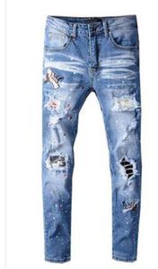Sıcak satış! En Kalite Marka Tasarımcı AMR Erkekler Denim İnce Jeans Nakış Pantolon Moda Delikler Pantolon ABD Boyutu 28-40