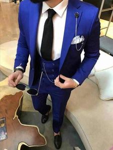 High Quality One Button Blue Wedding Groom Tuxedos Notch Lapel Groomsmen Men Formal Prom Suits Bridegroom (Jacket+Pants+Vest+Tie) W102