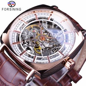 Forsining Brown Couro Genuíno Moda Royal Luxury Rose Golden Golden Transparent Skeleton Homens Automático Relógios Mecânicos Melhores Marca