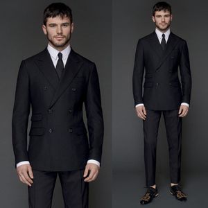 Classic Style Double Breasted Black Groom Tuxedos Peak Lapel Mężczyźni Garnitury Ślub / Prom / Dinner Best Man Blazer (Kurtka + Spodnie + Krawat) W286