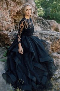 Vintage Puffy Black Wedding Dress A Line Tulle Lace Bride Dresses Vestidos de Novia 2021 Appliques Gotiska Långärmad Boho Country Brudklänningar