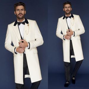 Fashion Ivory Long Groom Tuxedos Peak Lapel Groomsmen Mens Wedding Dress Excellent Man Jacket Blazer 3 Piece Suit(Jacket+Pants+Vest+Tie) 81