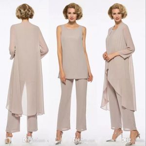 Cheap Champagne New Chiffon Of Suits 3 Pieces Wedding Guest Mother Of The Bride Dresses With Long Sleeves Jacket
