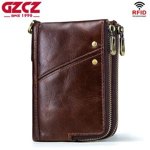 Mäns RFID-blockering Äkta läder Bifold Zip-Around Plånbok med Double Zipper Fickor Kreditkortshållare Elegant gåva