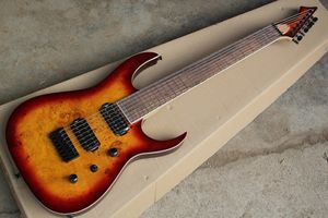 Factory grossist 7 strängar brun elektrisk gitarr med rosewood fretboard, svart hårdvara, träd burl finér, kan anpassas