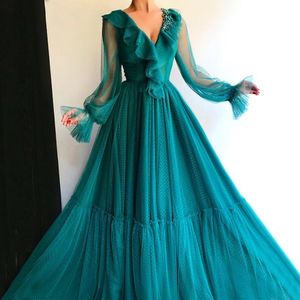 Teal Tam Kol V-Yaka Tül Abiye Uzun Kristal Dubai Kaftan A-Line Örgün Parti Önlük Prom Dress vestidos de fiesta de noche