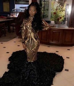 Black Mermaid Long Sleeves Prom Dresses Gold Lace Applique Sweep Train with Handmade Flowers Luxury Formal Occasion Wear Evening Gown