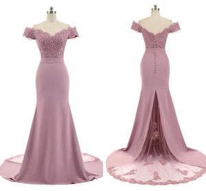 2024 Ny ankomst Pink V -hals från axel vintage spetsapplikationer pärlstav sjöjungfru brudtärna klänningar festklänningar vestido de festa