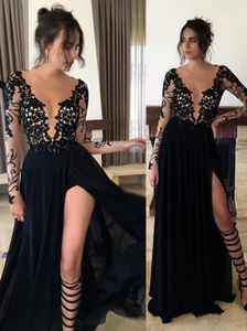 Сексуальные черные кружевные иллюзии с длинным рукавом вечерние платья с боковым сплит -совок прозрачный вырезка для выпускного выпускного платья формальное платье для вечеринки.