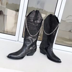 Neuheit 2019 schwarze Stiefel Damen Punkt Toe Low-Platz Heel-Dame-Partei Schuhe Splitterketten Booties Druck Leder 2019 neue Frauen-Stiefel Mujer