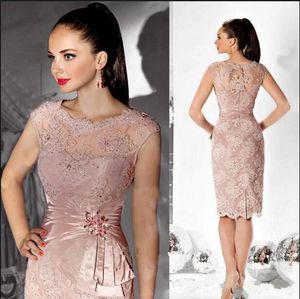 Light Pink Lace Mother Of The Bride Dresses For Wedding Prom Jewel Neck Sequins Beaded Short Prom Party Gowns Sheath Knee Length Mother Formal Dress Plus Size AL5019