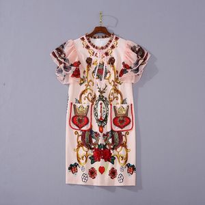 European and American women's wear 2020 summer new style Short-sleeved palace print Fashionable embroidered beaded dress