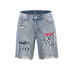 Cashew Flower Denim Shorts Knee Big Damage Pleated Washed Casual Zipper High Quality Cotton Short