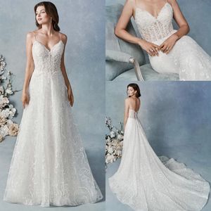 Modest Mermaid Kenneth Winston Wedding Dresses Spaghetti Sleeveless Tulle Lace Applique Crystal Wedding Gown Sweep Train robe de mariée