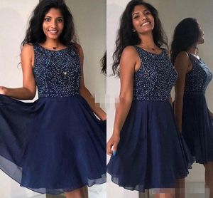 Navy Blue Homecoming Dresses Chiffon Beaded Short Mini Straps Sleeves Tail Party Formal Wear Graduation Evening Gowns Custom Made