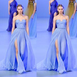 Elie Saab Blue Aftonklänningar Chiffon Stroplös Sida Split Backless Prom Dress Sweep Train En Line Party Formell Ruffles Grows