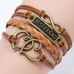 Najlepszy przyjaciel Multilayer Skórzane Bransoletki Vintage Nieskończoność Charm Rope Bransoletka Punk Love Heart Bangle Oświadczenie Biżuteria Boże Narodzenie prezent