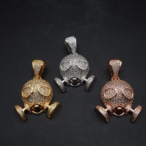 New Micro Zircon Gold Silver Color Bling Necklace Gas Mask Steam Hip Hop Pendant With Link Chain Vintage Shiny Men Copper Jewelry