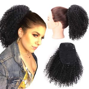 Ponytailアフリカ系アメリカ人の短いAfro Kinky Carribe DrawStringラップレミー人間の髪の毛アフロパフカーリーヘアピース（1B-BLACK）140G