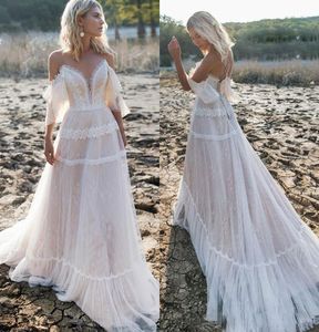 2020 Modest Bohemian Spaghetti Backless Pick up Half Sleeve A Line Wedding Dresses Lace Wedding Gowns Sweep Train Bridal Gown278r