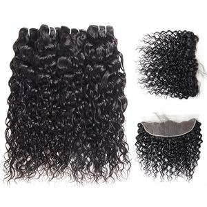 Ishow Indian Human Hair Bundles Weft Hurtownie Peruwiański Brazylijski Dziewiczy Włosy Rozszerzenia Water Wave 4 sztuk 8-28 cali z koronką Frontal Zamknięcie dla kobiet Jet Black