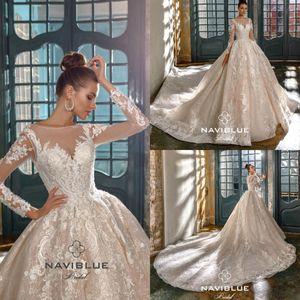 2020 Champagne Ballroom Bröllopsklänningar Scoop Neck Appliqued Sequins Långärmade Brudklänning Ruffle Court Tåg Skräddarsydda Robes de Mariée