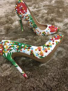 Free stiletto high 12CM Ladies Shipping leather 2024 heel rivets printed pillage point toes dress shoes pumps wedding Party paisley 34-45 dca11 201
