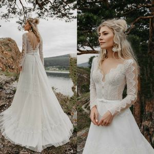 Klänning spets bohemisk applicerad långärmad ren v hals vestido de noiva plus size strand boho bröllopsklänningar brudklänningar estido es