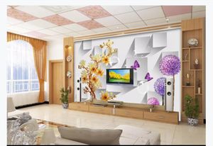 3D personalizado grande foto mural papel de parede Colorido esculpida magnólia roxo dandelion borboleta amor flor 3D sala de TV fundo parede