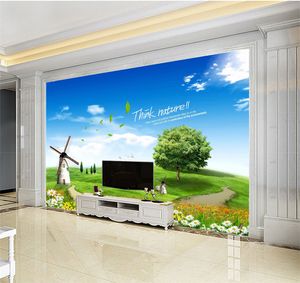 Benutzerdefinierte 3D-Wandtapete in jeder Größe, wunderschönes grünes Gras, originelle große Windmühlenlandschaft, Heimdekoration, Wohnzimmer-Wandverkleidung