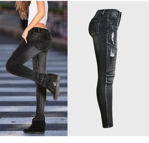 Dżinsy motocyklowe Europa i Ameryka Damska dziura Slim Stretch Cienki Kobiety Denim Ołówek Spodnie Stopy Plus Rozmiar