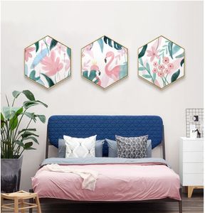 Ursprungligen inxagonala målningar Nordic Living Room Decoration Pink Flamingo Hallway Hängande Modern Målning