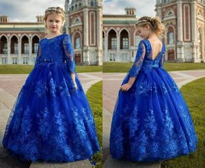 Royal Blue Girls Pageant Dress Lace Långärmad Bow Sash Ball Gown Little Girls Party Gowns Kids Prom Klänning Anpassad Storlek