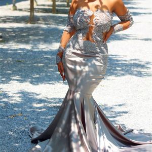 Sexy Sliver Plus Size Prom Dresses Off Shoulder Sweep Length Backless Evening Gowns Lace Appliques Girls Pageant Dresses